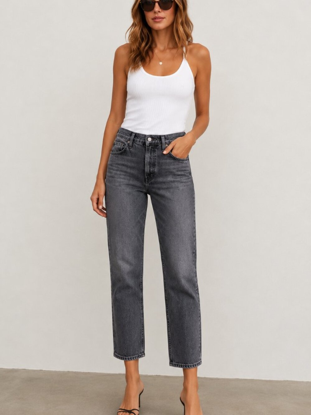 Mother The Rambler Ankle Bars & Phrases Jeans 24 High Rise Straight Leg Gray